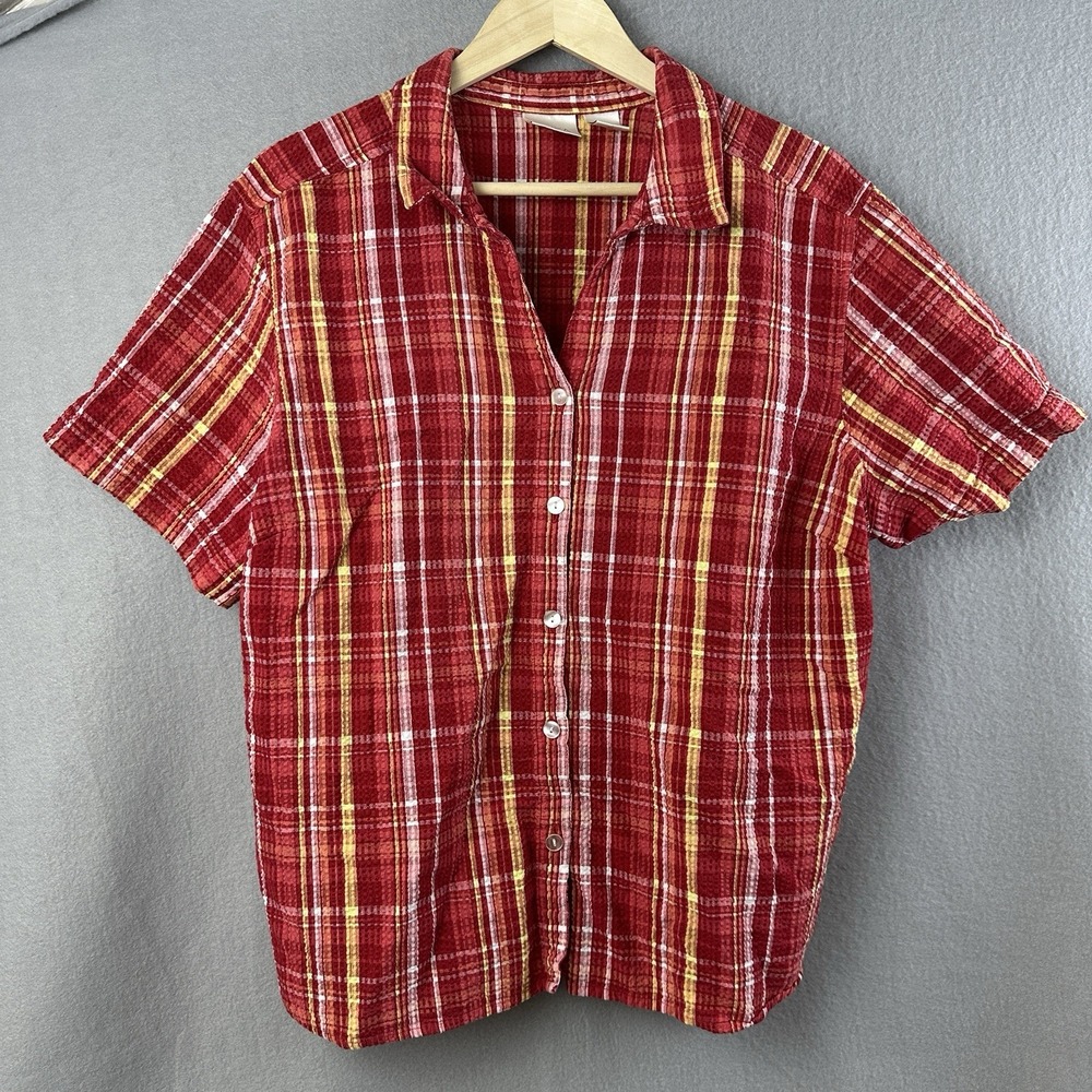 Vintage 80s Erika Red Plaid Short Sleeve Top Size Petite Medium